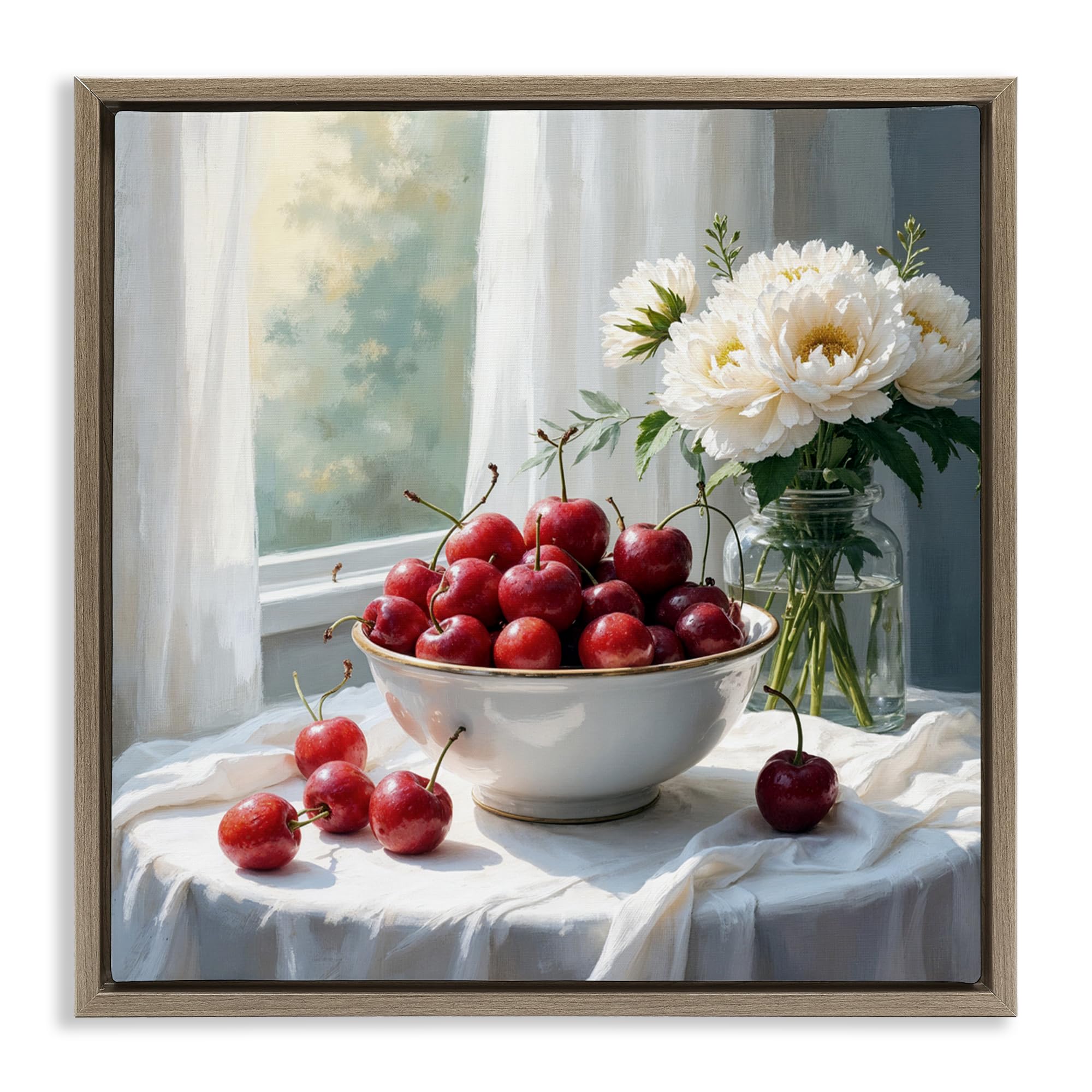'Cherries & Flowers Still Life'| Floating Frame Canvas Art