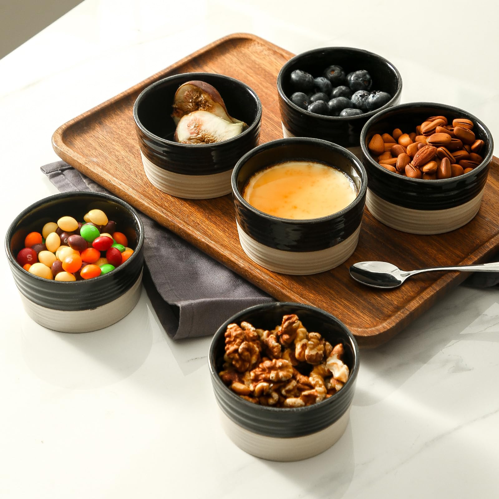Hasense Ramekins - Juego de 6 platos de cerámica para hornear de 8 onzas, aptos para horno, cuencos de ramequines de soufflé de crema brulee para pudín, pastel de lago, pastel de olla, aperitivos,