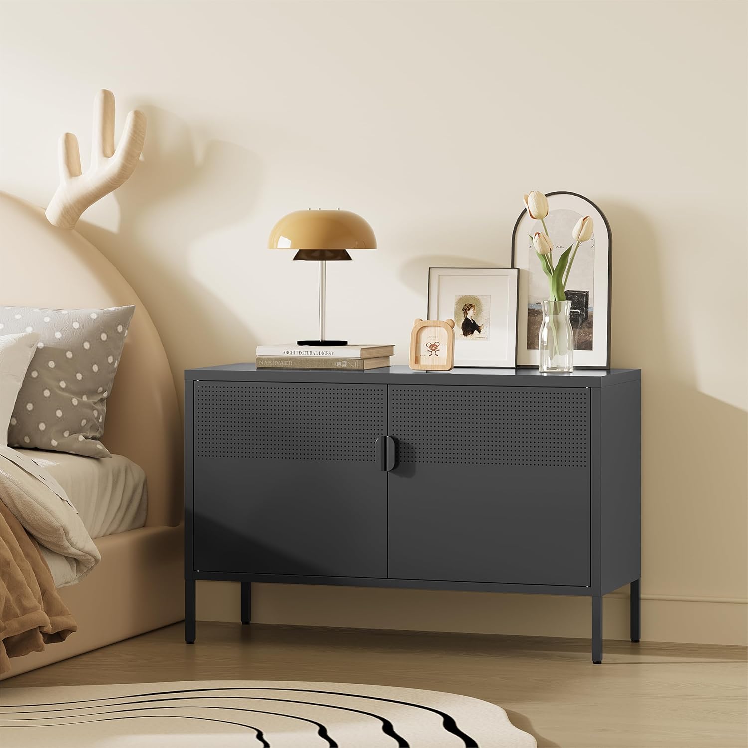 Metal Storage Cabinet,2 Door TV Stand, Metal Mesh Accent Cabinet,Magnetic Door Closure,Low Storage Cabinets with Doors and Shelf for Home,Office,Living Room