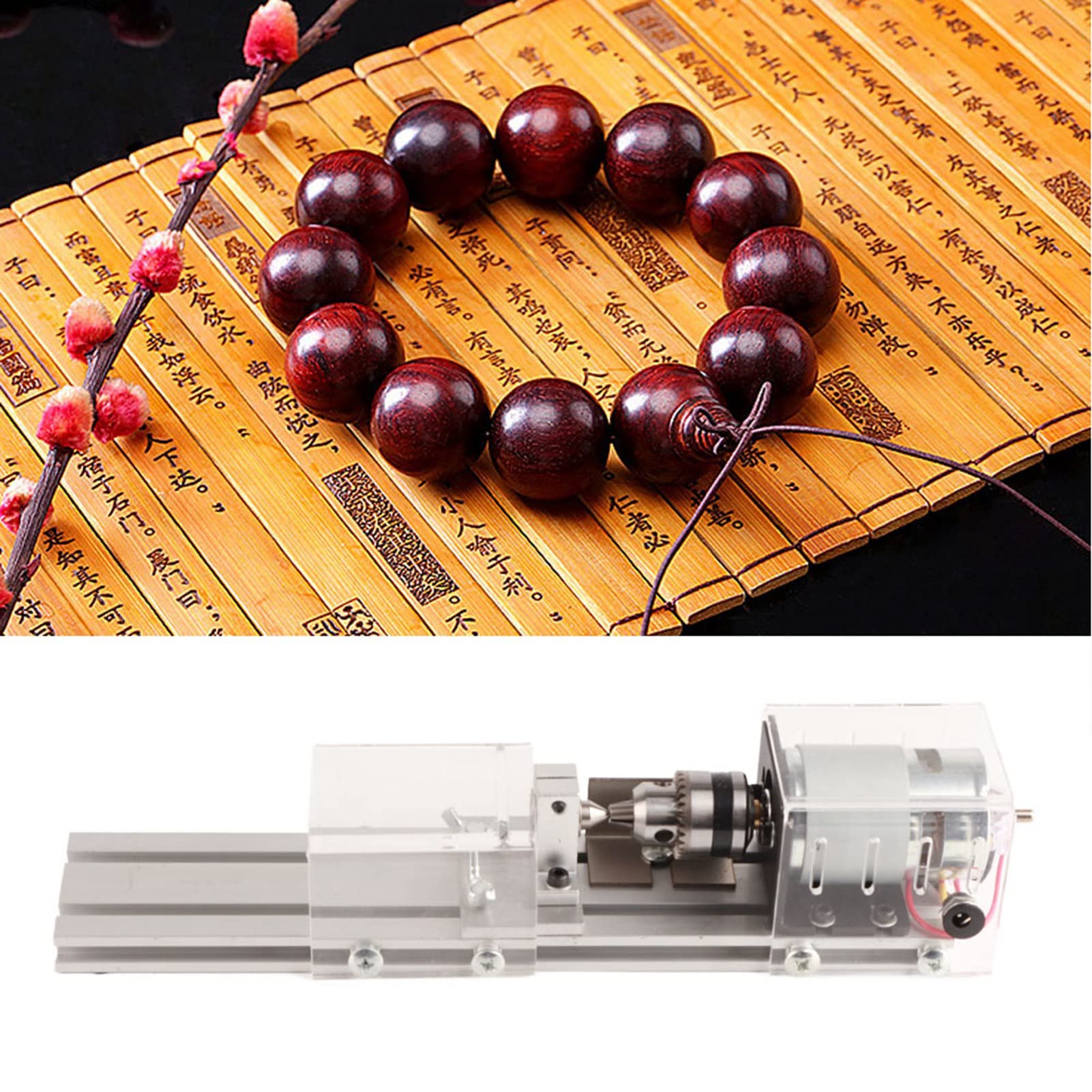 Alvinlite Tour Miniature 12-24VDC Mini Tour à Bois Machine Bricolage Travail du Bois Miniature Bouddha Perle Tour Rotatif Perles en Bois Bracelet Traitement Métal Machine-Outil(EU220V)