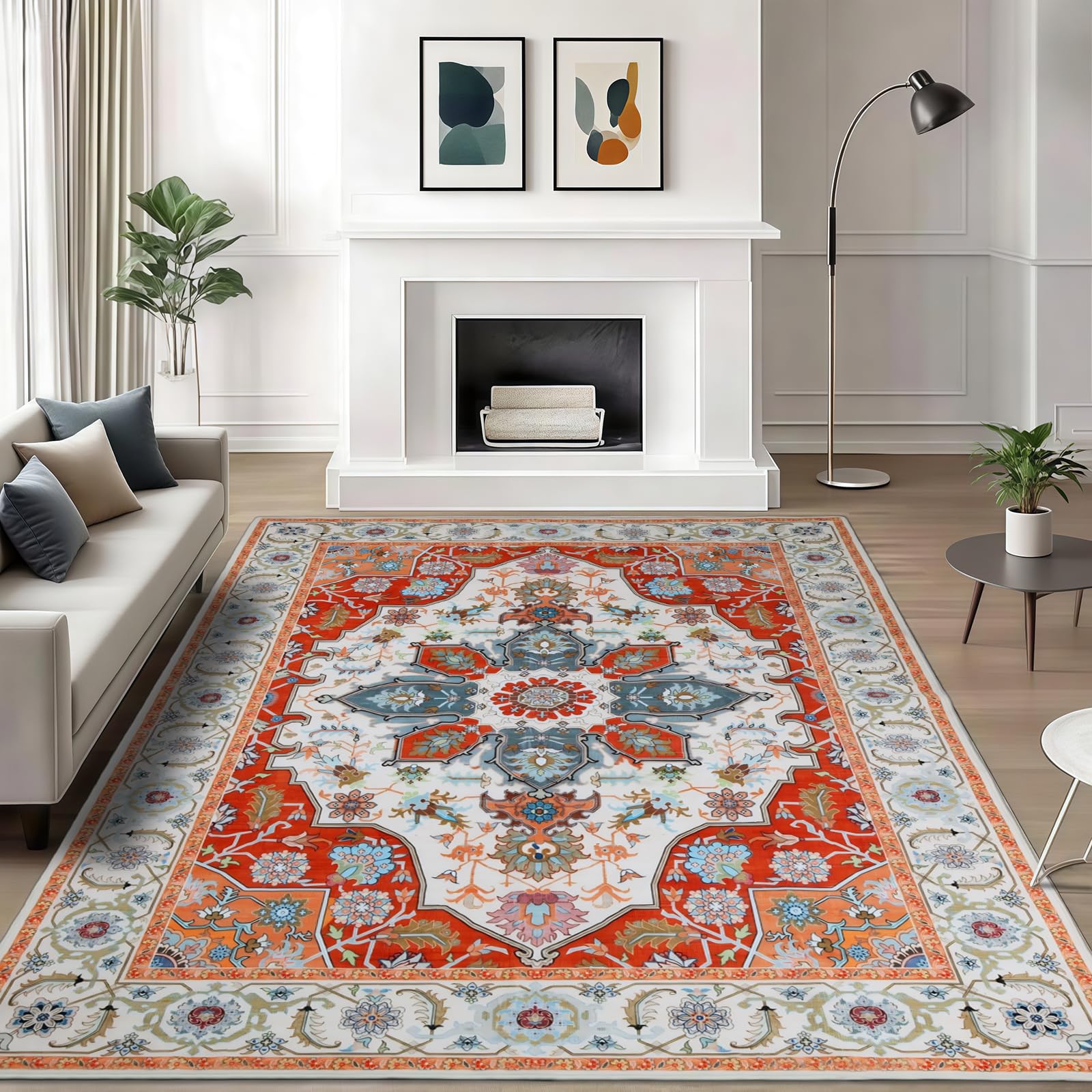 WILLSUN Washable Area Rugs, 6x9 Non-Slip Boho Large Area Rugs for Living Room, Bedroom, Machine Washable Vintage Rug, Indoor Floral Print Carpet for