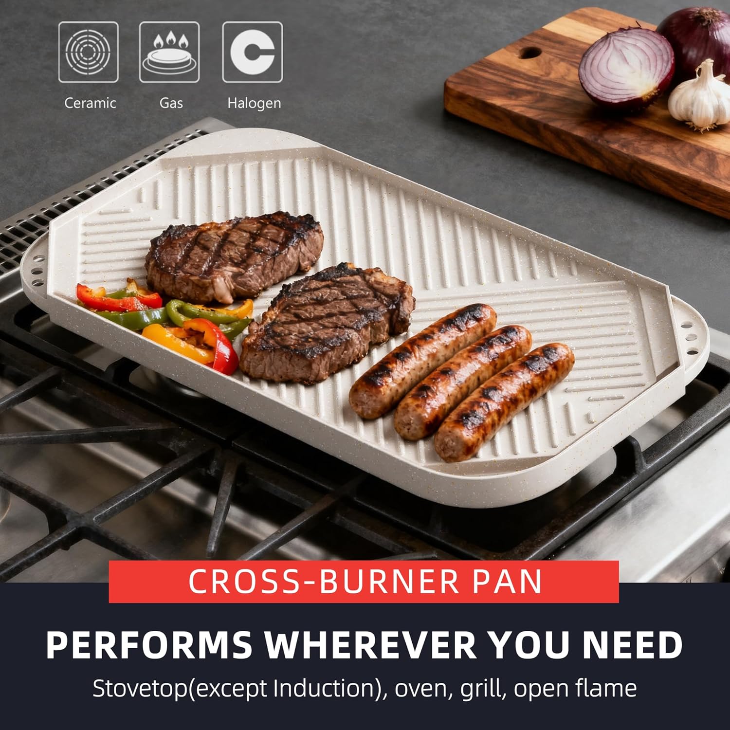 caannasweis nonstick griddle grill pan - 19.5" x 11" reversible griddle pan for stove top, grill, or campfire, two burner cast aluminum grill, rectangular baking flat and ribbed griddle plate, beige