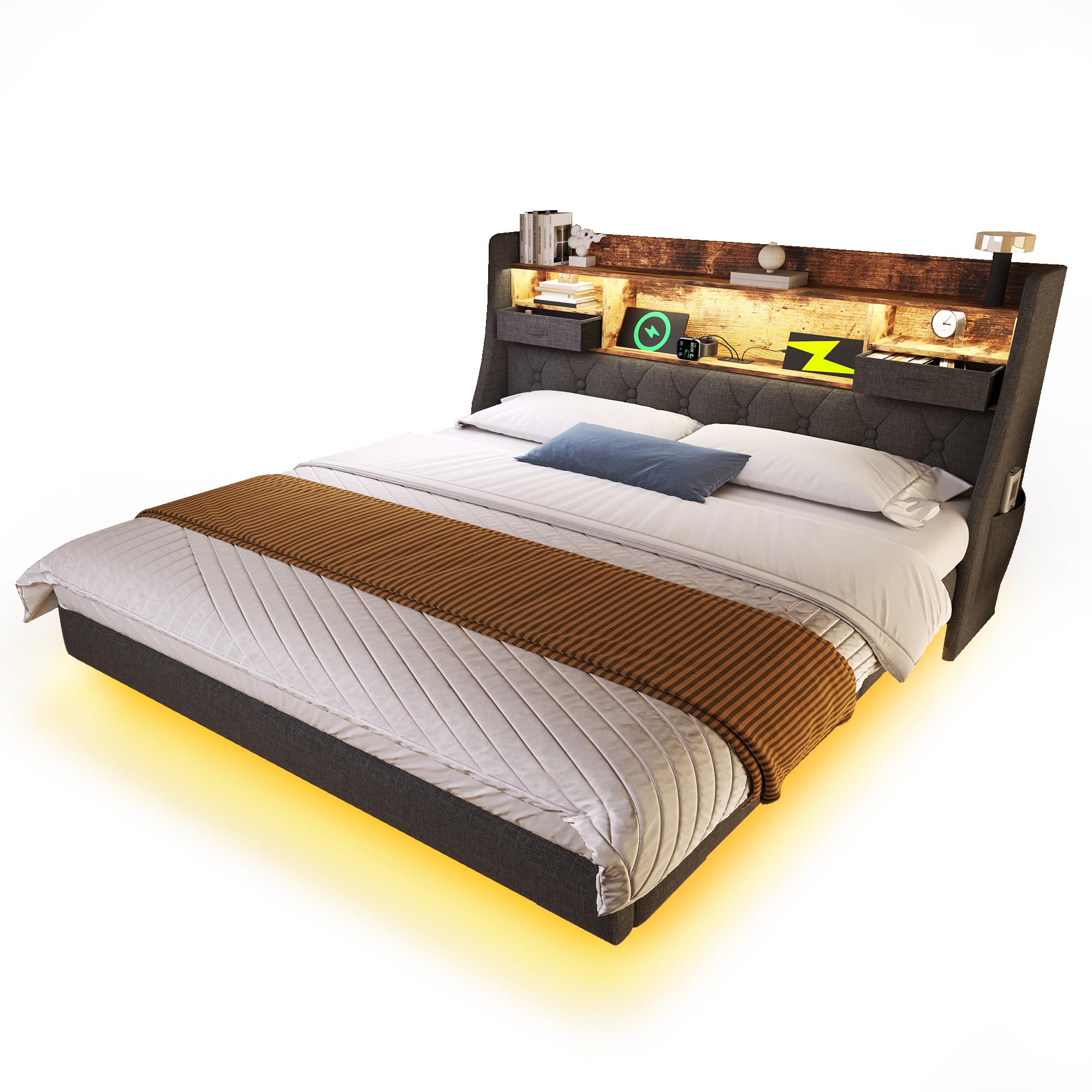 Polsterbett Doppelbett 180x200 cm, Schwebebett Jugendbett mit LED-Beleuchtung, Stauraum-Kopfteil und USB Type-C Ladestation, Funktionsbett Bettgestell mit Holz Lattenrost, Leinen, Ohne Matratze, Grau