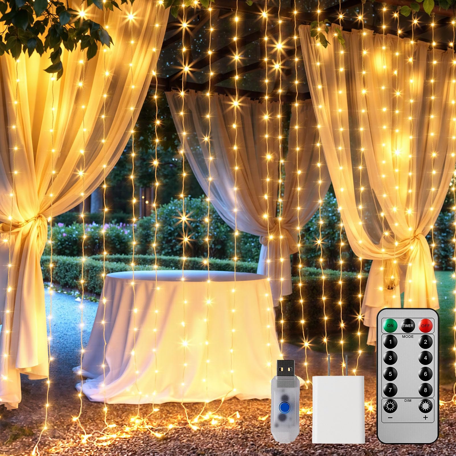 Brightown 300 LED Curtain String Lights, 9.8 FT Hanging Fairy Lights with Remote, 8 Modes, Waterproof Window Lights for Bedroom Backdrop Wedding Outdoor Party Christmas Decorations