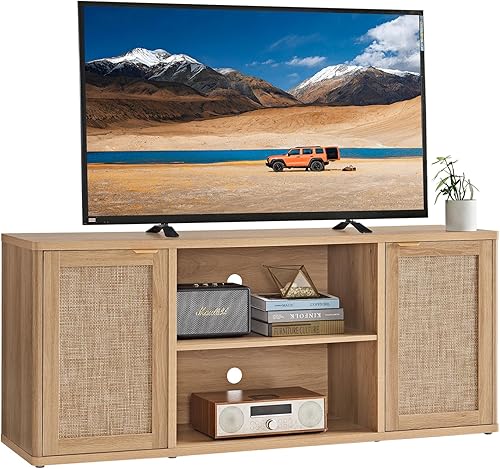 Miniatura 8 de LEYAOYAO Soportes de TV de ratán para sala de estar, gabinete de TV bohemio con almacenamiento y estante abierto, centro de entretenimiento de