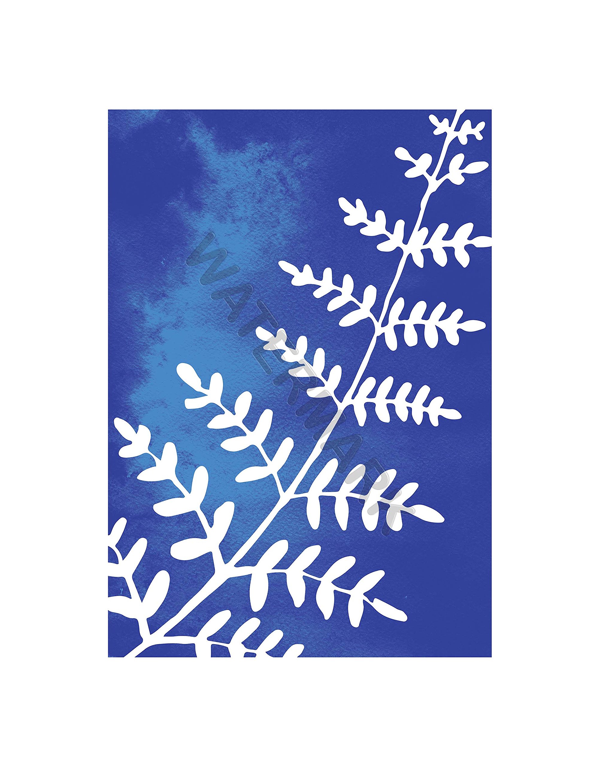 Wee Blue Coo Fern Leaves Watercolour Cobalt 12x16 Wall Art Print