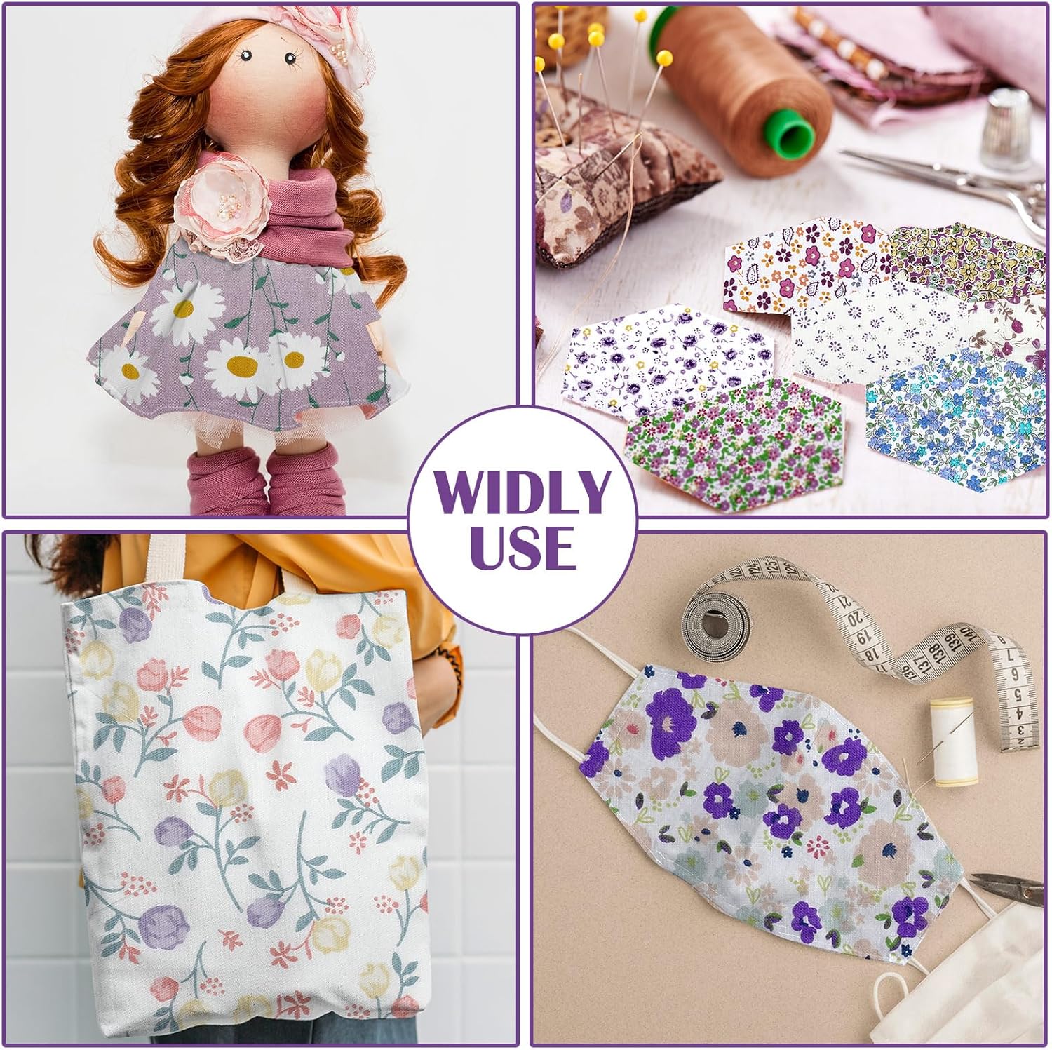 Kinlop 600 Pcs 5 x 5 Inch Floral Charm Packs for Quilting Purple Flower Cotton Fabric Square Bulk Precut Fabric Squares Strips Printed Purple Floral Patchwork for DIY Craft Sewing Accessory