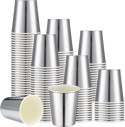 Amyhill 100 vasos de papel desechables plateados para fiestas de 9 onzas, tazas de láser de disco iridiscente para bebidas frías y calientes, té,