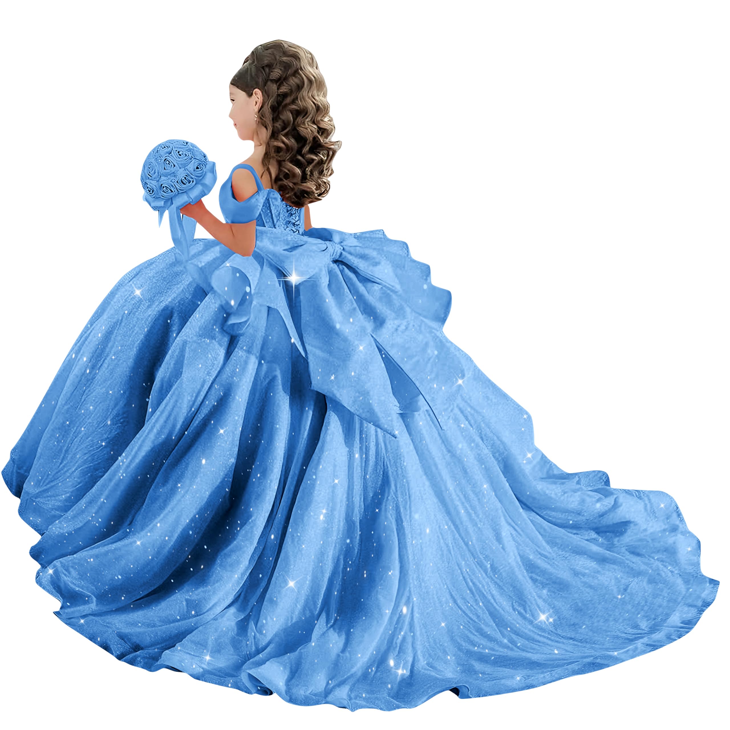 Sparkly Off Shoulder Flower Girl Dresses Tulle Layered Girls Pageant Dress with Bow Beaded First Communion Dresses