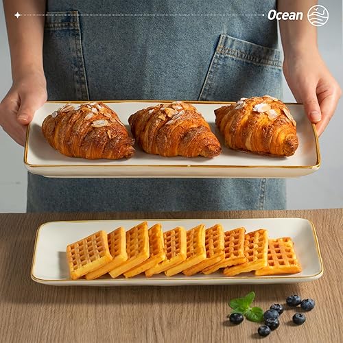 Miniatura 6 de famiware Juego de platos y cuencos cuadrados oceánicos, juegos de vajilla de 15 piezas para 4, 3 platos rectangulares para servir, color blanco