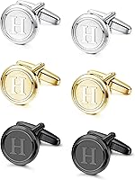 LOLIAS 3 Pairs Men's Initial Cufflinks Set - Letter C Silver, Black, 14K Gold Plated, Gift Box for Formal & Casual Wear