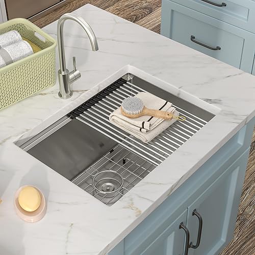 Miniatura 75 de Fregadero de lavandería de 21 x 18 pulgadas de montaje bajo encimera – Acero inoxidable 304 de calibre 16 cepillado dorado NANO-PVD de 12 pulgadas