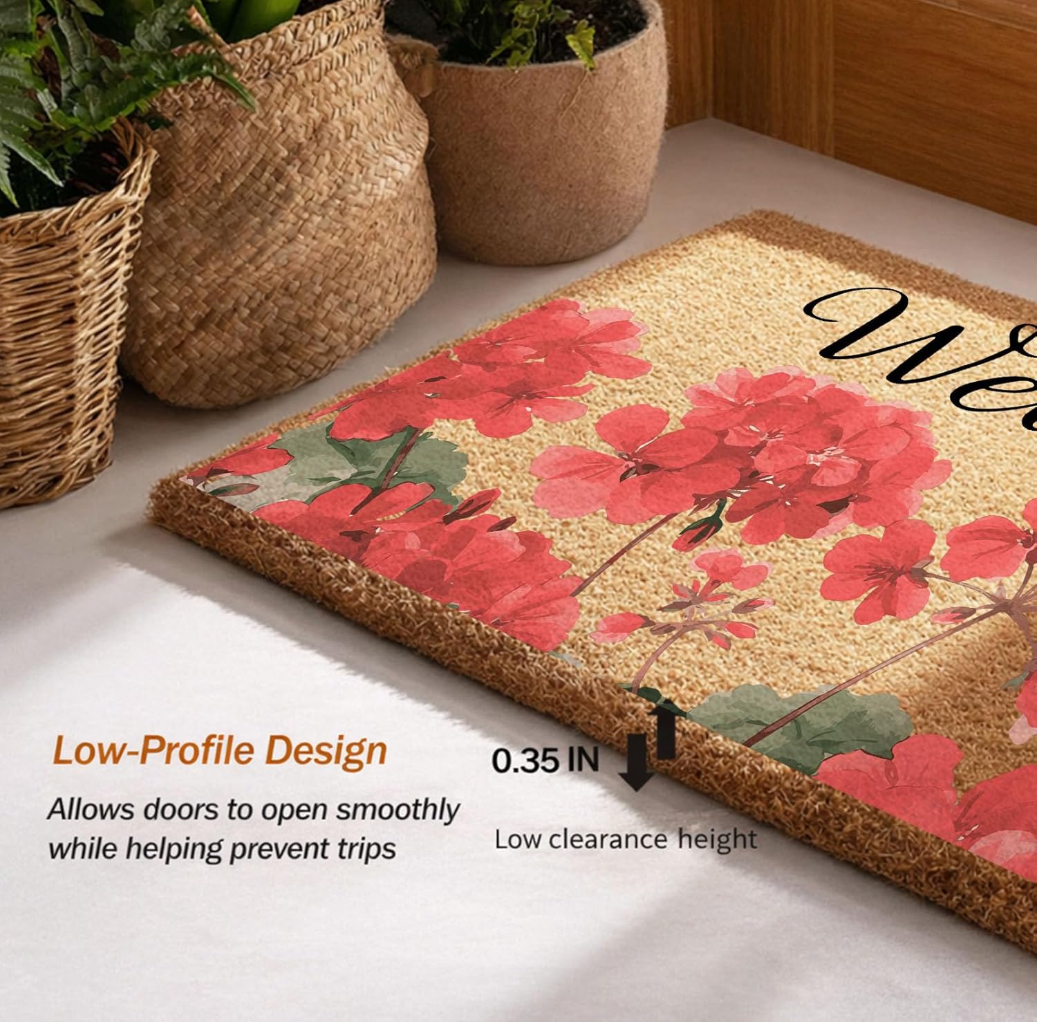 Geranium Door Mat 3017 Faux Coir Non-Slip Welcome Mat for Indoor/Outdoor Entry, Durable Dirt-Trapping Spring Front Door Mat with Geranium Wreath, Ideal for Porch, Housewarming
