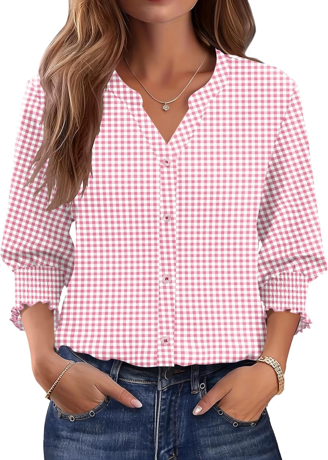 LOMON Button Down Shirts for Women 3/4 Length Sleeve Business Casual Blouses 2026 Summer Tops