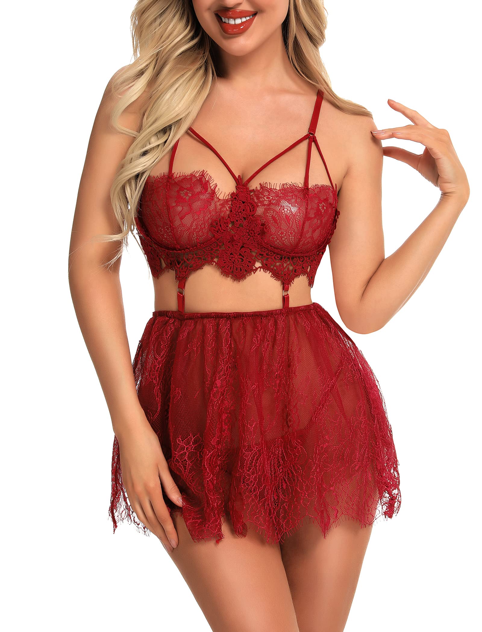 RSLOVELingerie for Women Lace Babydoll Chemise Sexy High Waisted Nightdress Sleepwear Set