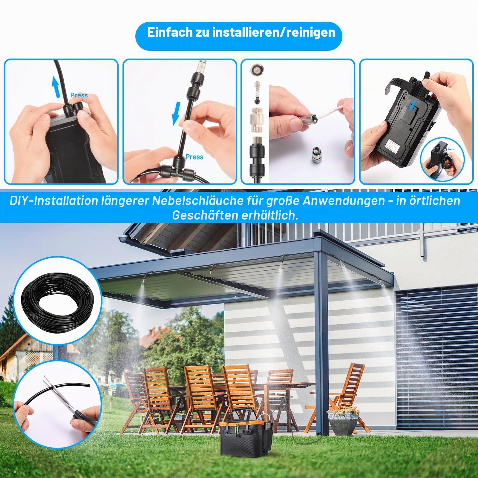 Ausic Tragbares Nebelsystem Für Außenterrasse, Wasserkühlung Mit Batteriebetriebener Pumpe (max. 8 Stunden), Eimer, 7, Schlauch, Terrassen-Nebel Heckklappe, Weide, Camping, Vordach, Sport, 20 L, M