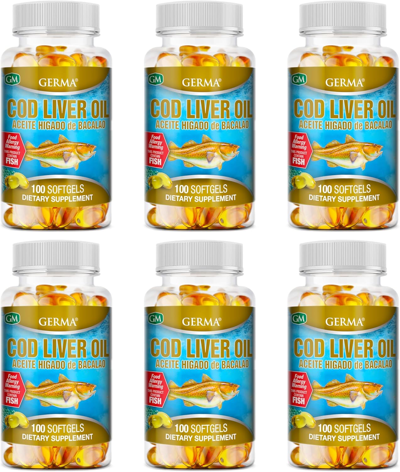 Germa Cod Liver Oil Natural Dietary Supplement. 100 Capsules. Pack of 6