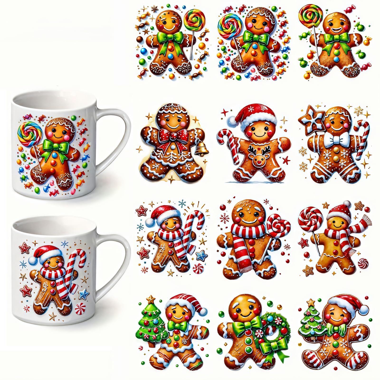 Delupmt Color 12Pcs Christmas Gingerbread Tree Uv Dtf Cup Wraps Transfer Waterproof Sticker For Glass Cups Furniture Craft Diy Crafts，Rub On Transfer Stickers For Diy Water Bottle Laptop Decal Wood Car