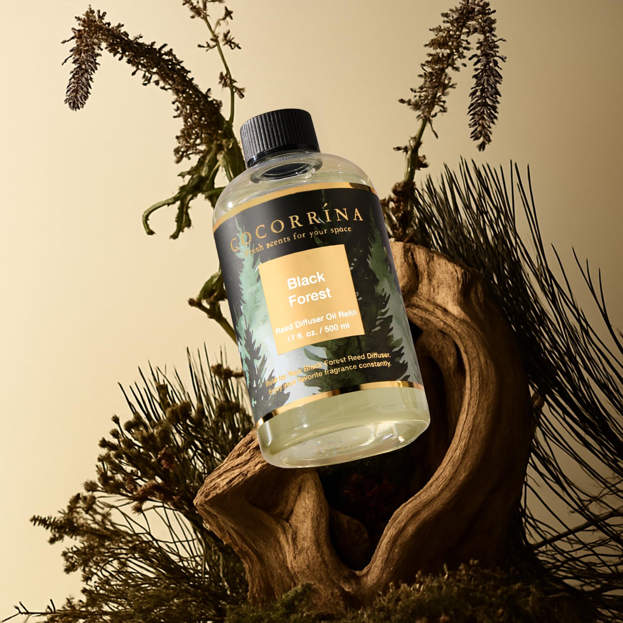 COCORRÍNA Ricarica Diffusore Ambiente 500ml con 8 Bastoncini, Black Forest, Profumo Lungo Durata con Oli Essenziali Naturali, Camera da Letto e Bagno