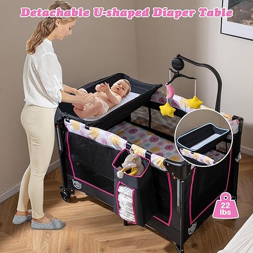 Miniatura 8 de BABY JOY 4 en 1 rosa Pack and Play, cama de noche para bebé con moisés, 3 alturas ajustables, caja de música, fácil de instalar, cuna plegable con