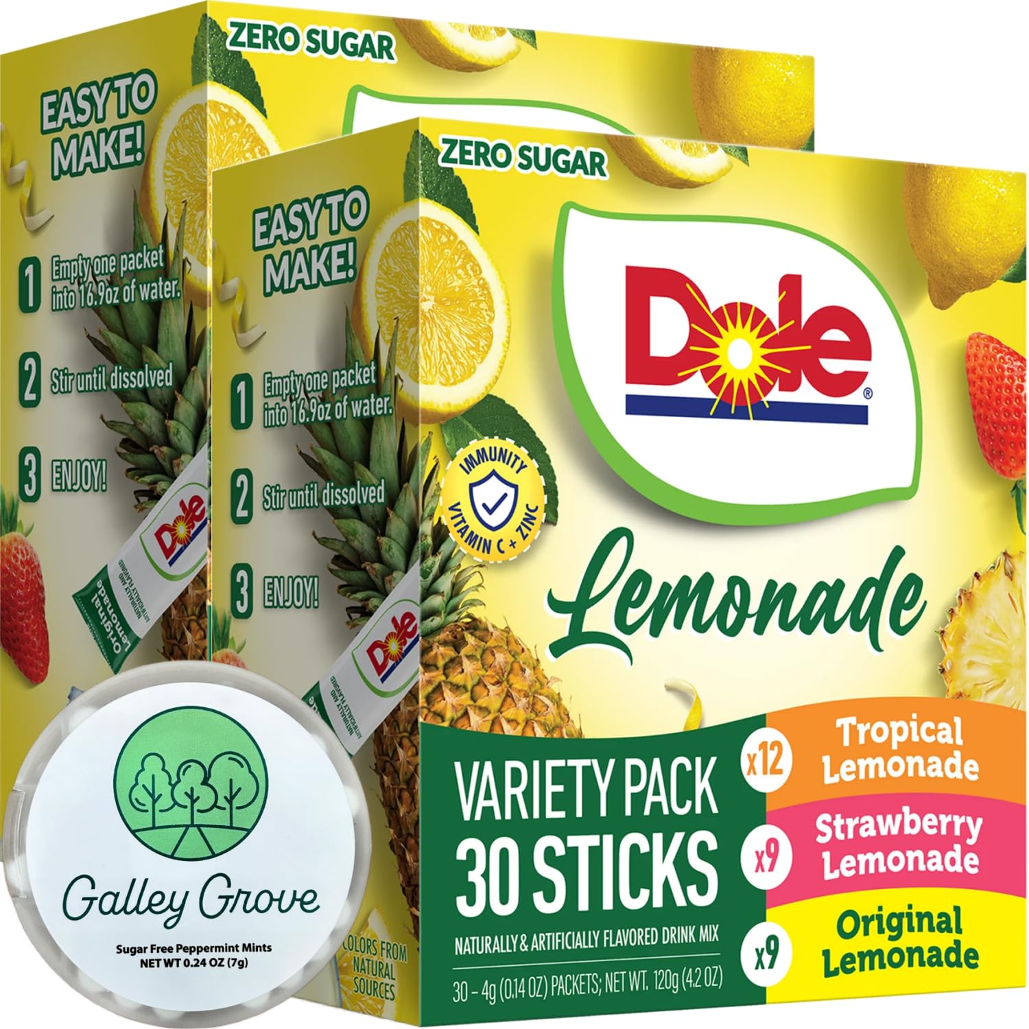 Dole Lemonade Sugar-Free Powder Drink Mix Variety Pack, 60 On-the-Go Packets (Tropical, Classic Lemonade, Strawberry) with Galley Grove Sugar-Free Breath Mints