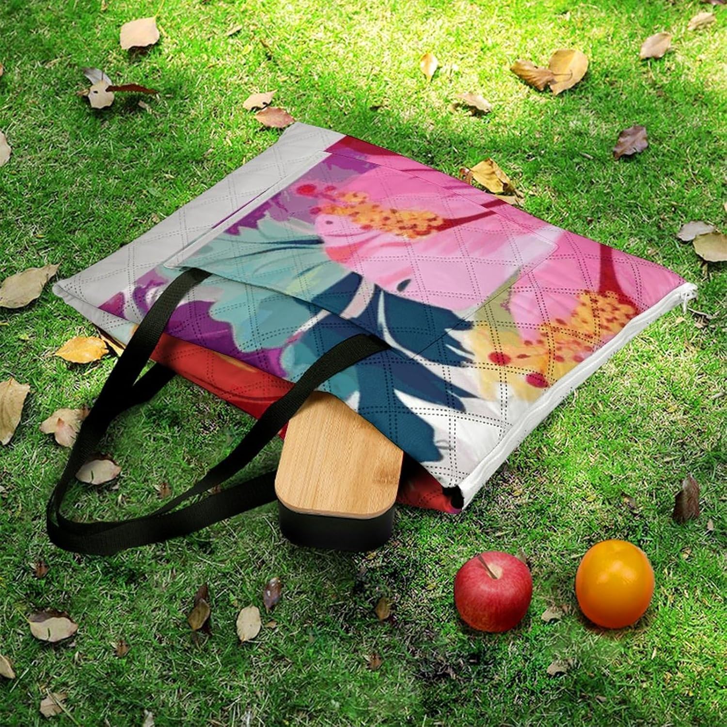 Hawaiian Flower Print Picnic Blanket with Zipper Water Resistant Sand Free Picnic Mat Washable Foldable Easy Carry Beach Blanket for Lawn Beach Hiking Camping