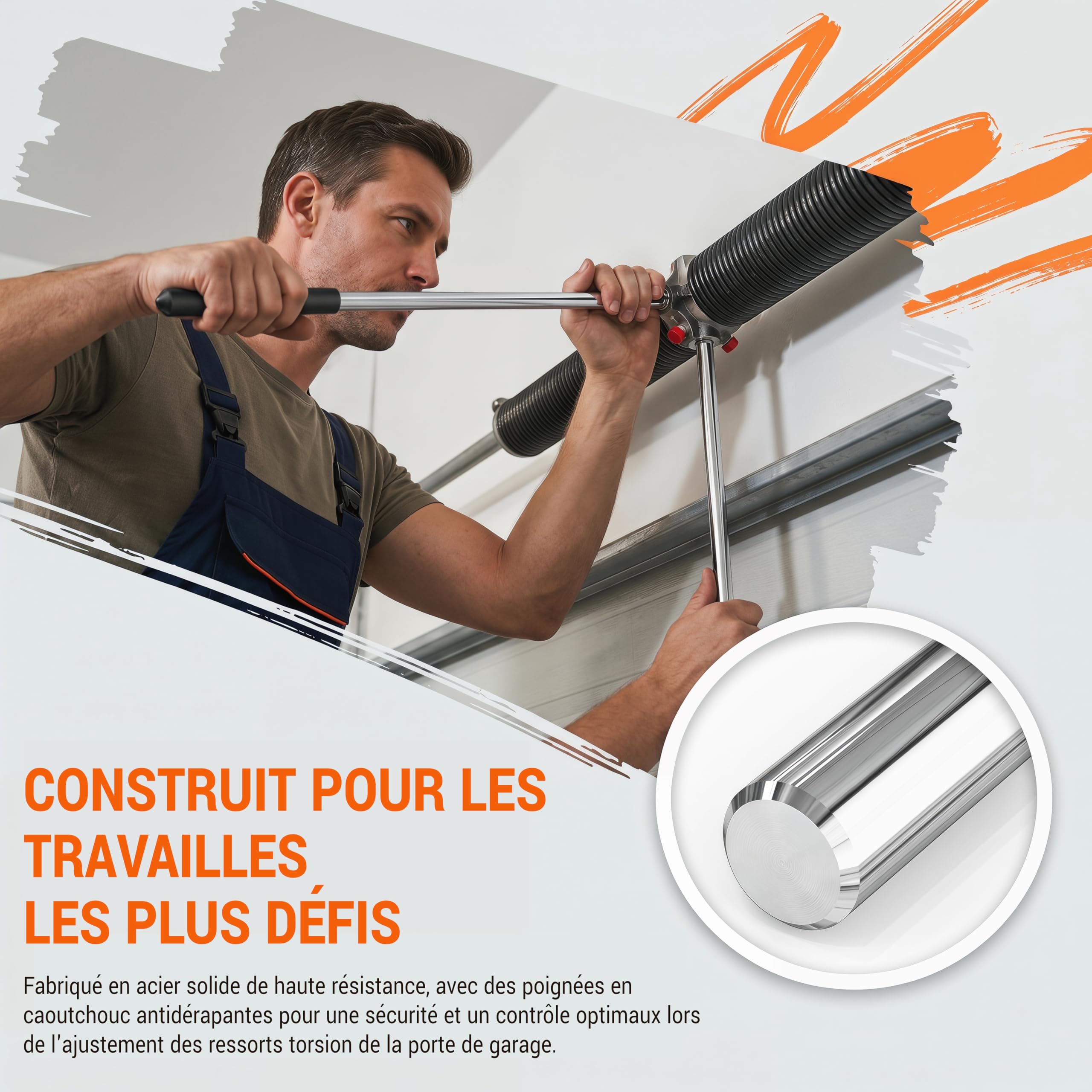 Baoblaze Lot de 2 barres d'enroulement à ressort de torsion pour porte de garage, poignée en caoutchouc, diamètre de 0,5 pouce, acier massif