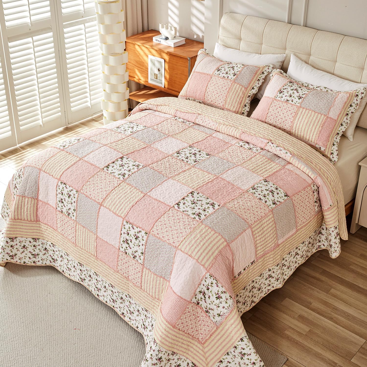 Cmfshape Floral Quilt Sets Bedspread Set 100% Cotton Patchwork Bedding Set, All Season Use Lightweight Reversible Coverlet Quilts with 2 Pillow Shams(Queen 92"x96") - Image 4