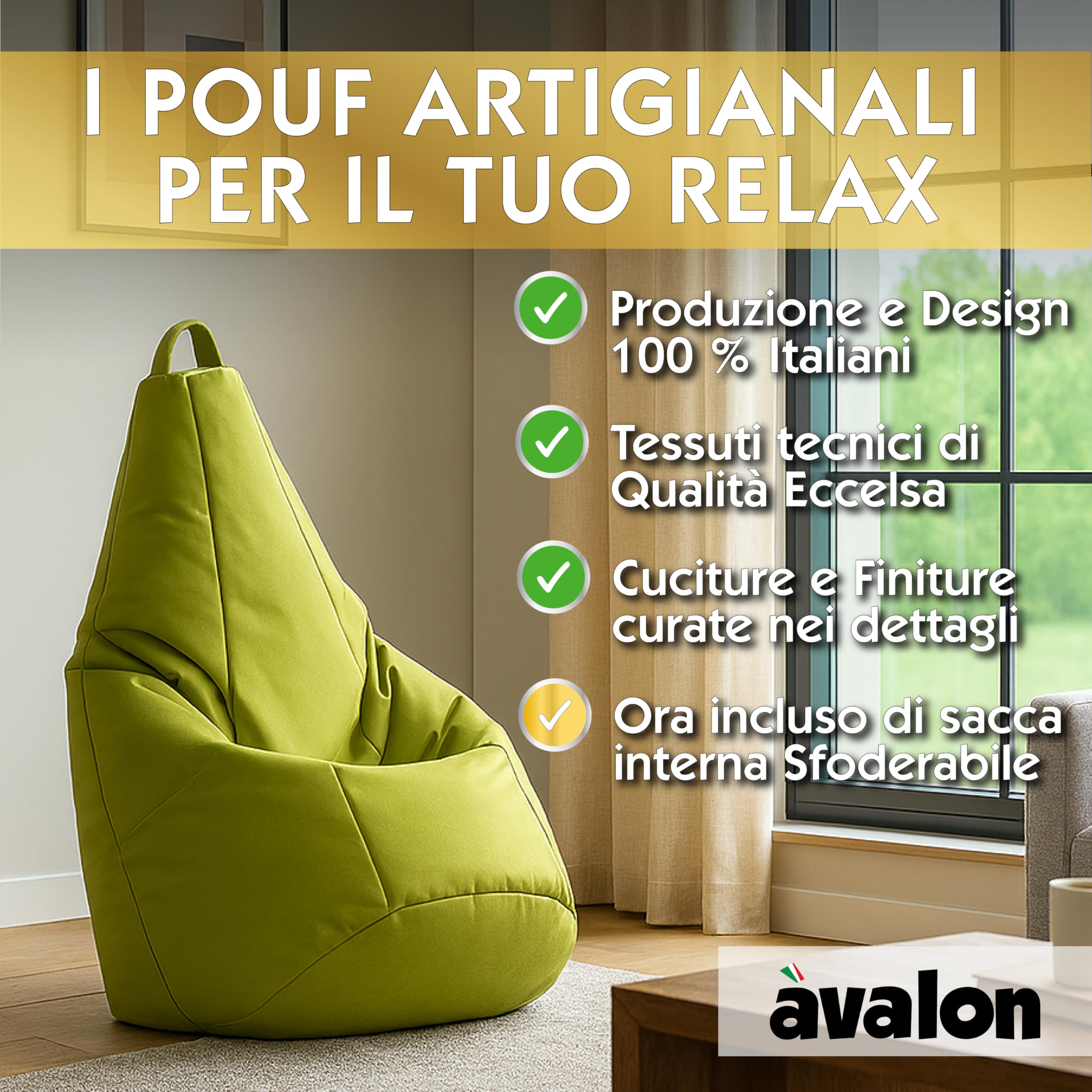 Avalon - Puff Poltrona Sacco Pera Deluxe Grande Sfoderabile, Pouf Sacco di Qualità Sartoriale, Bean Bag per Sedersi Ergonomico, Tessuto Antistrappo Impermeabile, Made in Italy(70x130cm-Petrol)