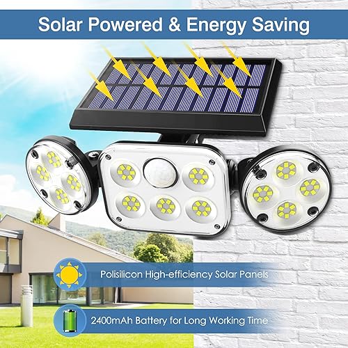 Miniatura 3 de RJFOYB - Luces solares para exteriores con sensor de movimiento 3 cabezales ajustables luces solares para exteriores 270 gran angular luces de