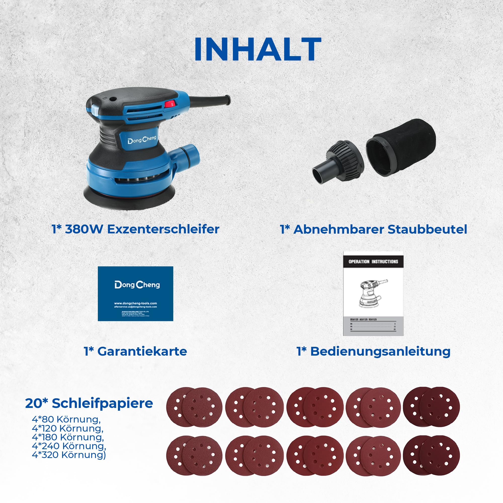 DongCheng Exzenterschleifer 380W, 125mm Schleifmaschine, 6-stufig 8.000-12.800 U/min, vibrationsarm, mit Staubfangbehälter & Staubsaugeranschluss, inkl. 20 Schleifblättern (versch. Körnungen) für Holz