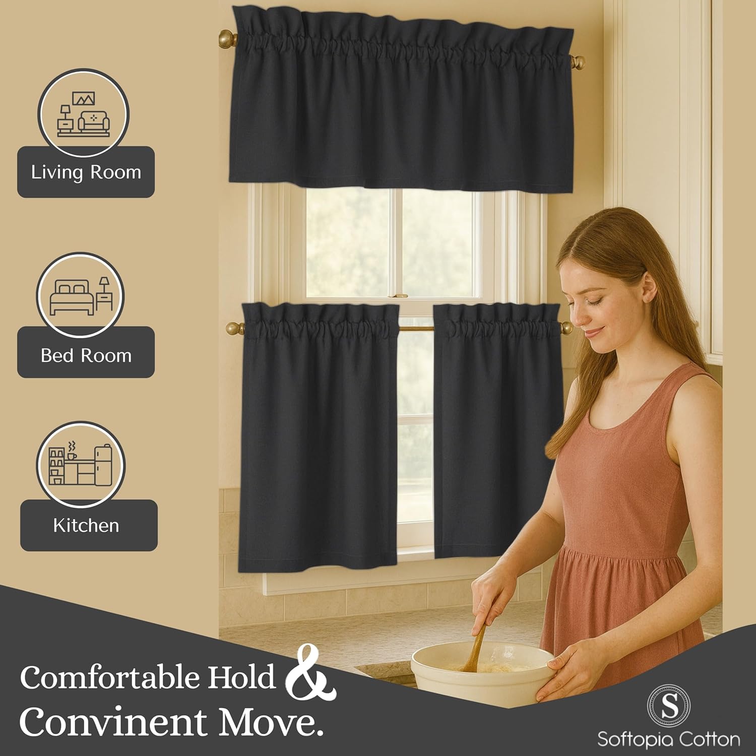 3 Piece Window Curtain Set, 100% Cotton, 2 Tiers 26x36 Inch & 1 Valance 54x18 Inch, Semi Sheer, Rod Pocket, Short Curtains for Kitchen, Café, Living Room, Bathroom, Bedroom, Grey
