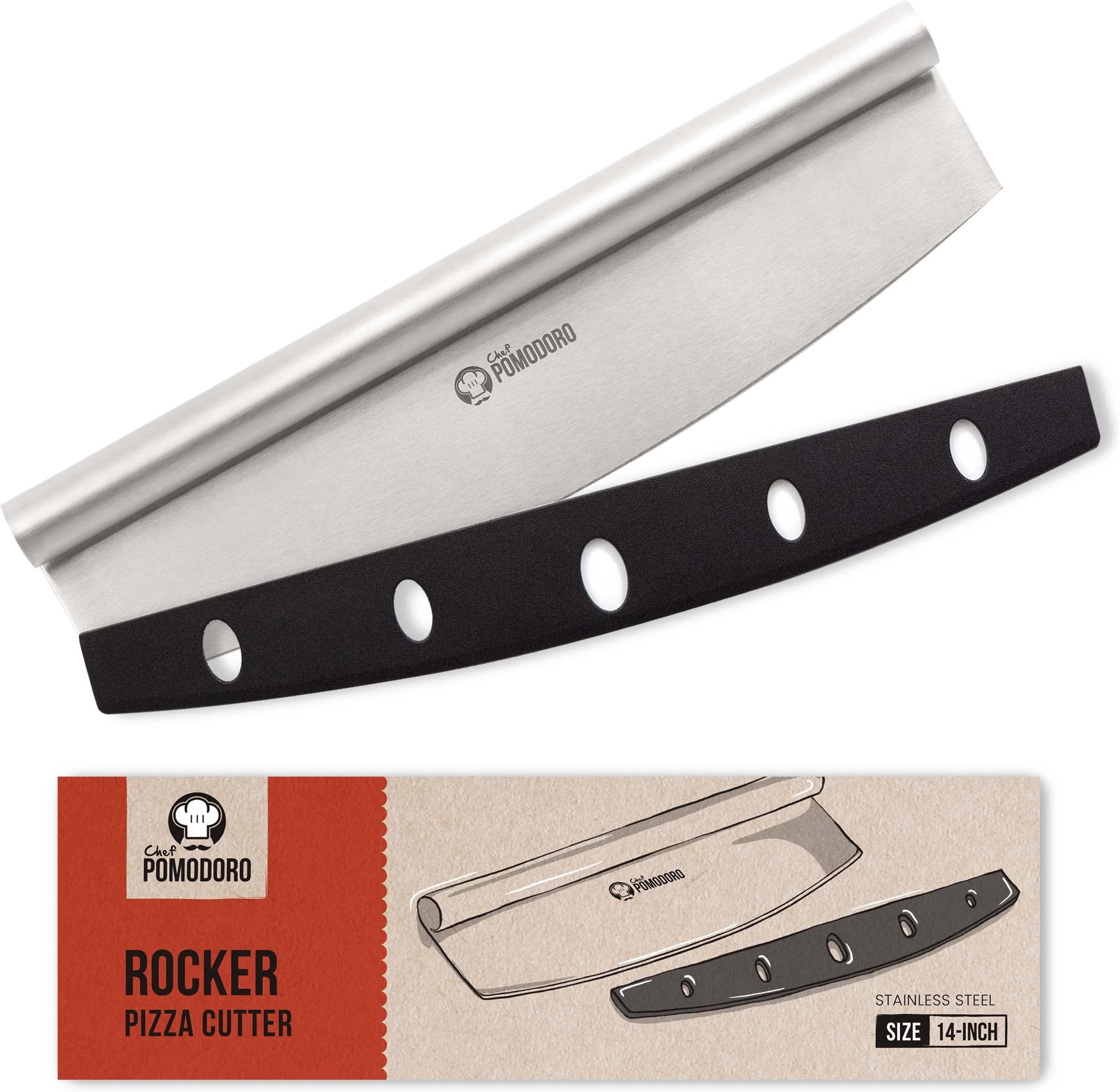 Chef Pomodoro Pizza Cutter Rocker Knife with Protective Cover, Multipurpose 14 Inch Mezzaluna Chopper with Super Sharp Stainless Steel Blade, Blade Cover, Premium Pizza Accessories Dishwasher Safe