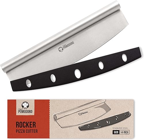 Chef Pomodoro Cuchillo basculante para pizza con cubierta protectora, multiuso de 14 pulgadas con hoja de acero inoxidable súper afilada, cubierta