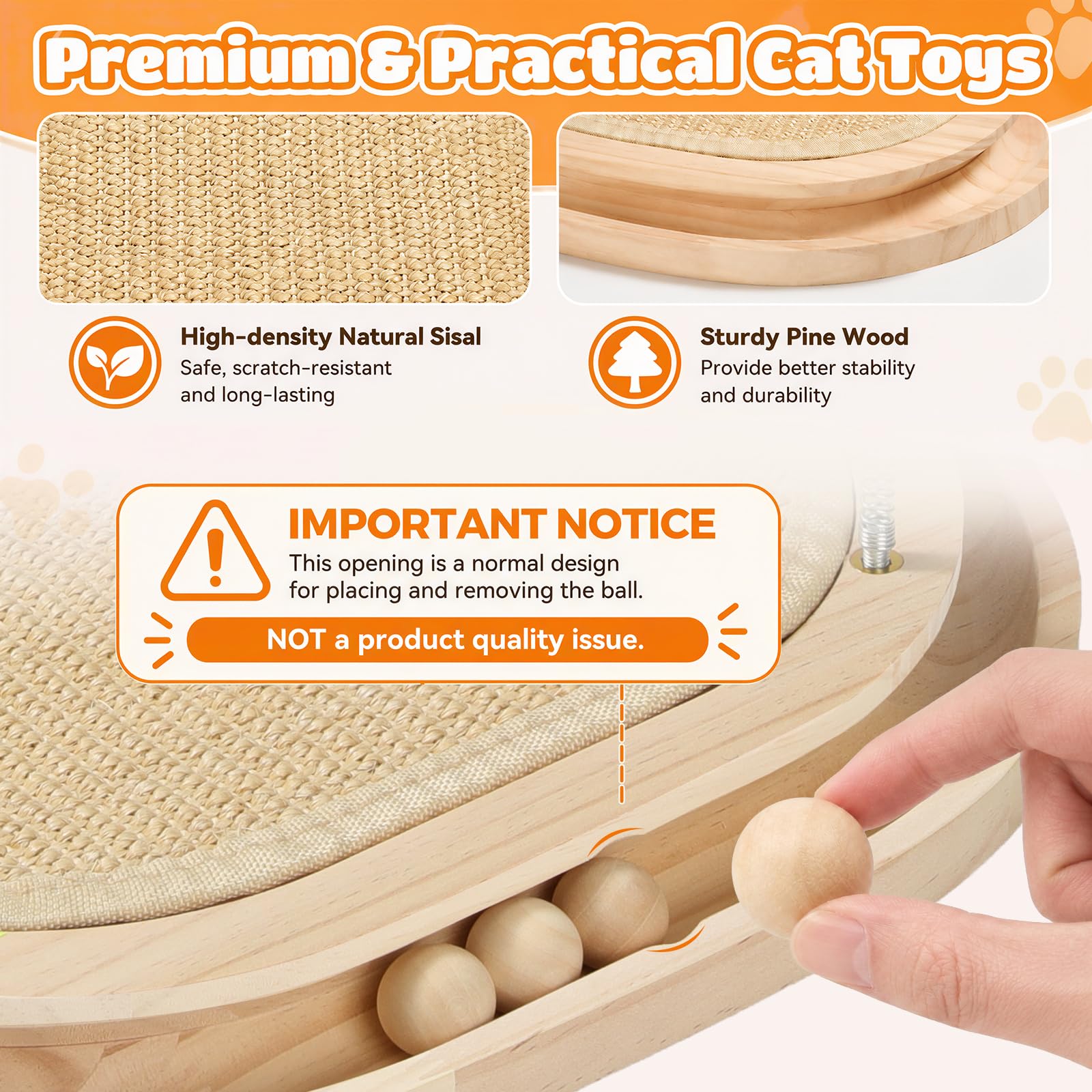Griffoir pour Chat en Sisal Naturel Jouet Interactif pour Chaton | Tapis Grattoir avec Piste à Balle et 3 Jouets en Peluche, Chasser et Griffer, Griffoir Rond en Bois pour Intérieur