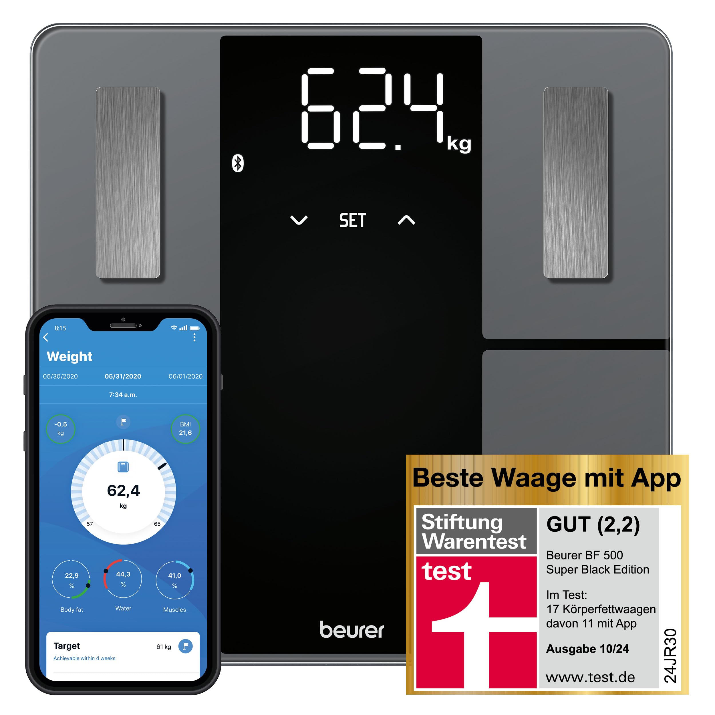 BeurerBF500 Body Analysis Scale | Digital Bathroom Scale with precise full-body analysis | Bluetooth Smart Scale with app connection | 180kg weight capacity