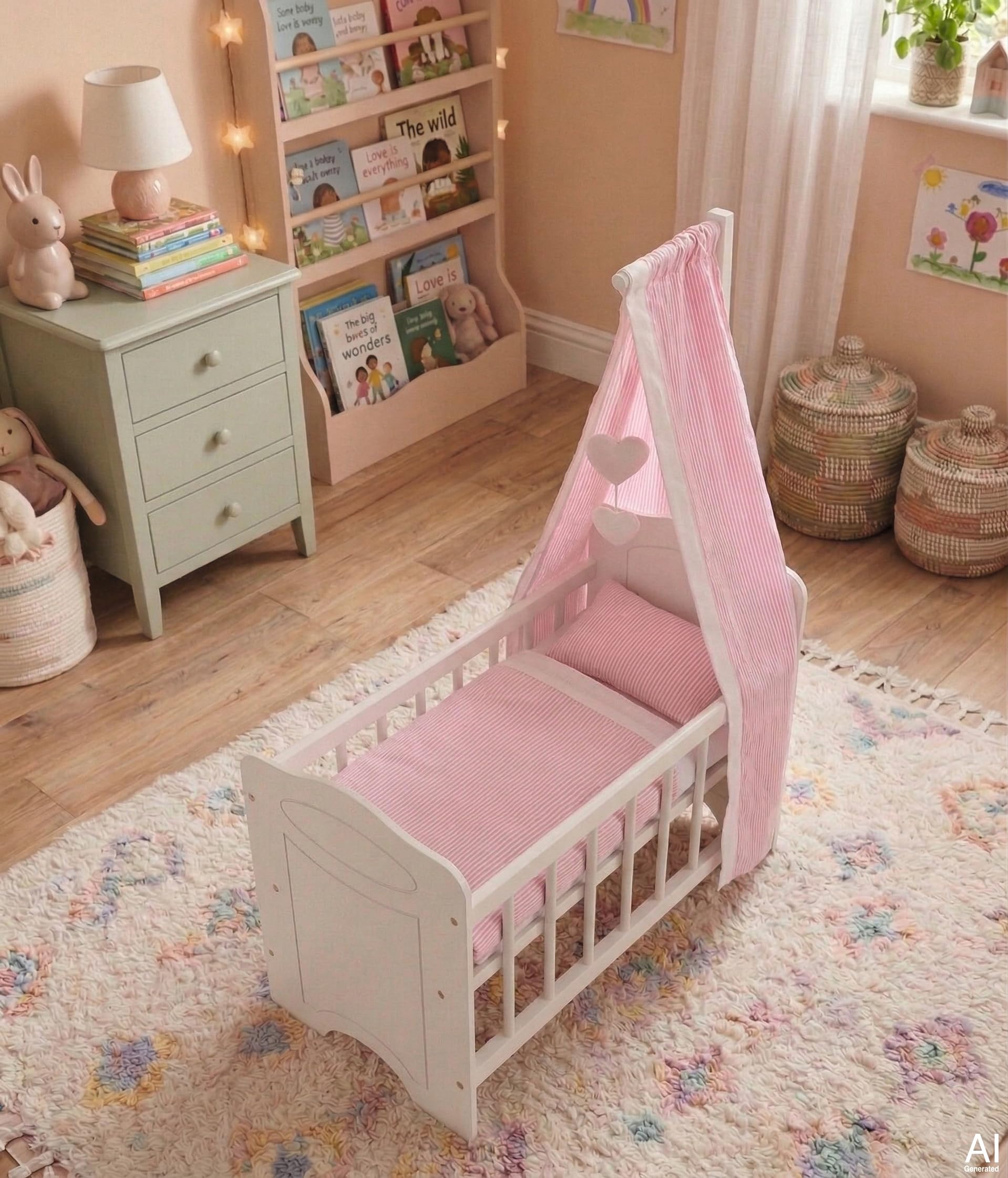 51762 goki - Puppenbett Holz mit Himmel und Bettzeug - Baby Bett für Puppen - Puppenmöbel Kinder Zubehör - Puppenwiege aus Holz für Rollenspiel Kinderzimmer 63,4 x 31,5 x 67 cm