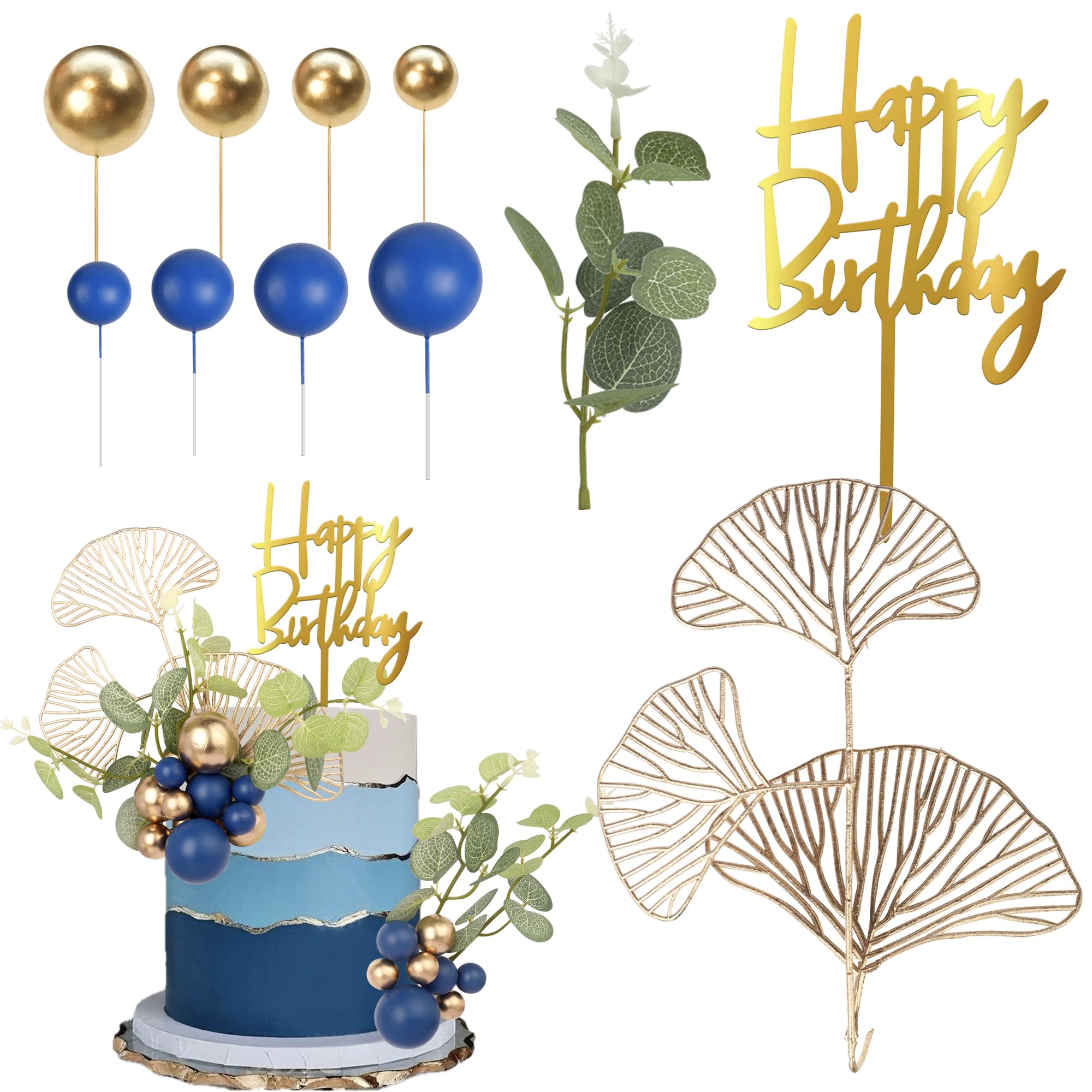 31 Stück Blau Gold Kugel Tortendeko Happy Birthday Cake Topper Natürliche Boho Palmblätter Kuchen Deko für Baby Dusche Kinder Jungen Mädchen Thema böhmische Hochzeit Jahrestag Party Kuchen Dekoration