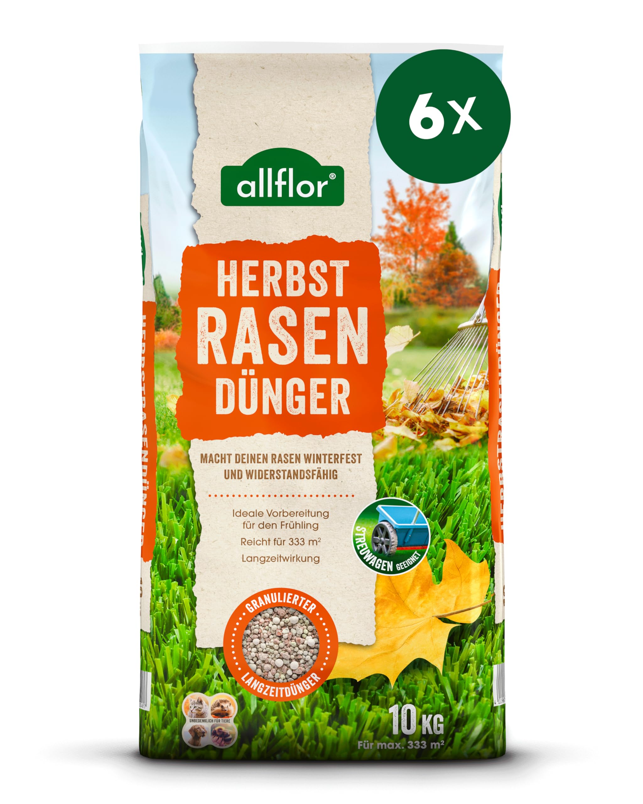 Allflor Herbst-Rasendünger 6x 10kg Beutel I Zur Stärkung der Gräser I Optimale Nährstoffzufuhr I Macht den Rasen winterfest I füllt Kalidepot auf I Ideal für Spätsommer & Herbst