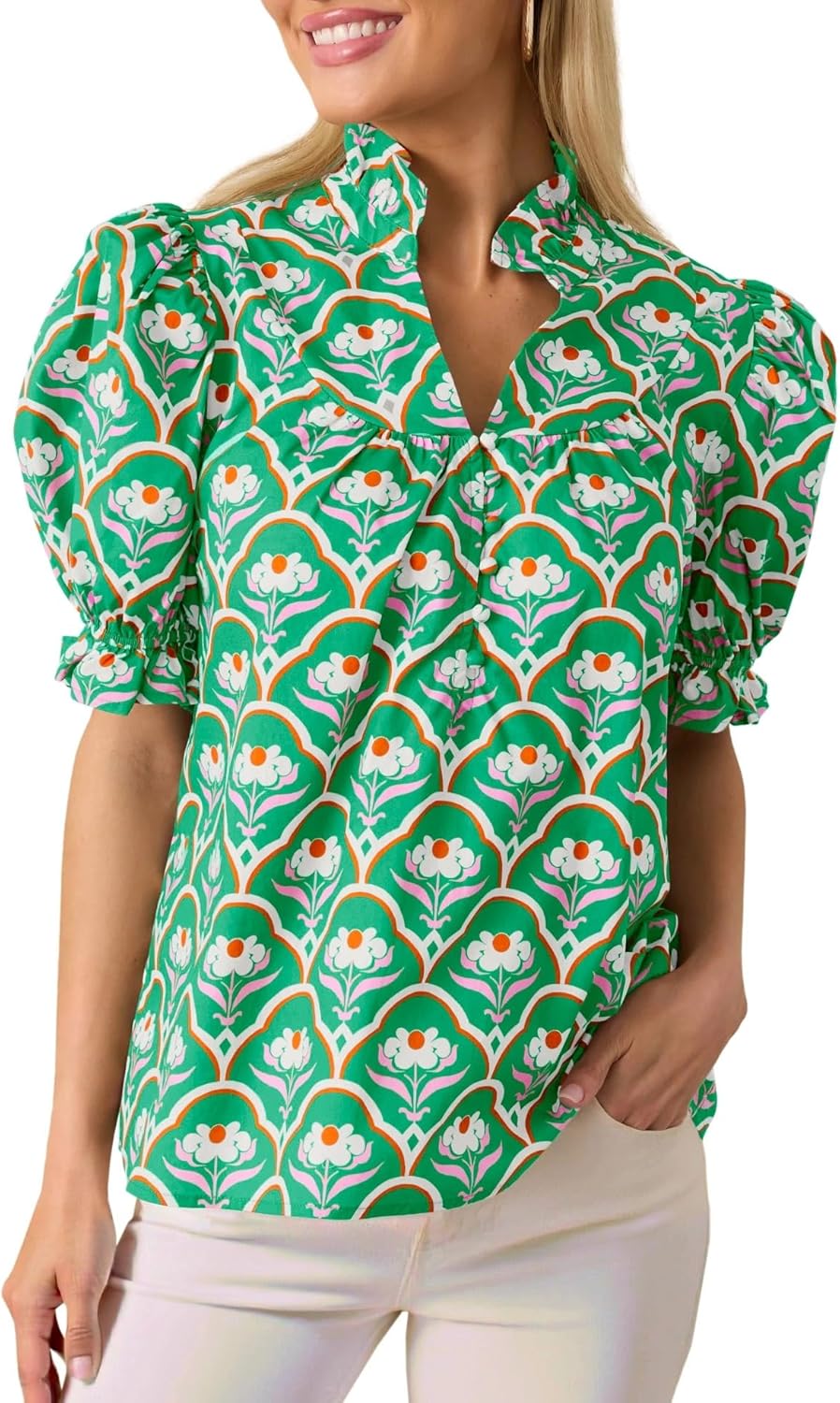 Womens Puff Short Sleeve Floral Shirt Ruffle V Neck Button Front Blouse Pleated Top