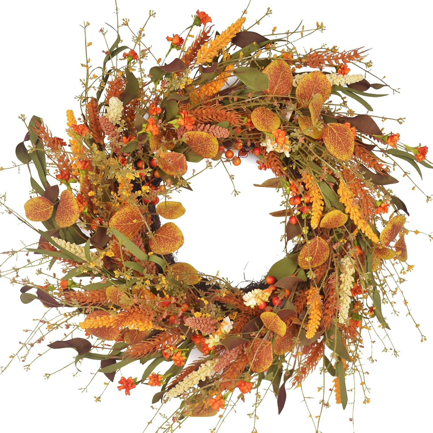 Fall Wreath for Front Door 24 Inch Large Wreaths with Orange Artificial Wheat Eucalyptus Leaf Berry for Thanksgiving Farmhouse Home Porch Indoor or Outdoor Decor
