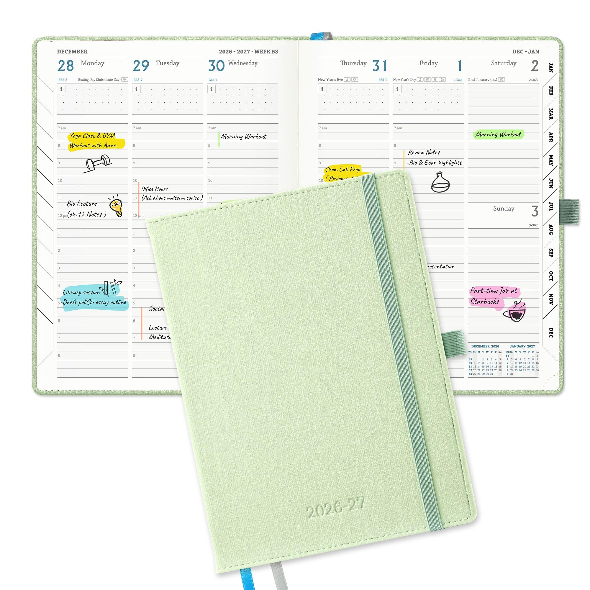 IN-LUXPRO Academic Diary 2026-2027: Luxury A5 Week to View (21.9x16.2cm)18 Months (Jul'26 - Dec'27) Mid Year Diary 26/27 Vertical Weekly Planner with Timeslots & Month Tabs, PU Leather Green