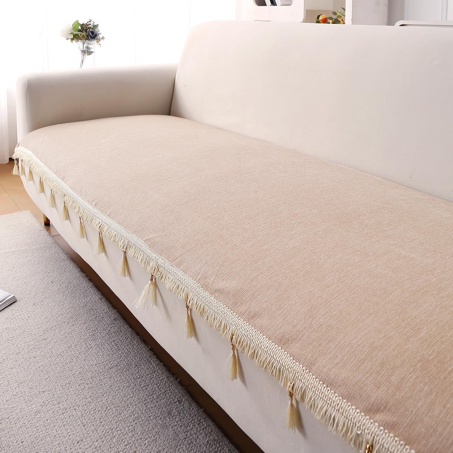 HOKIPO 'Serenity Tassel' Chenille 3 Seater Sofa Cover with Tassel – Ivory Fringe (IN-892-BGE)-image-44