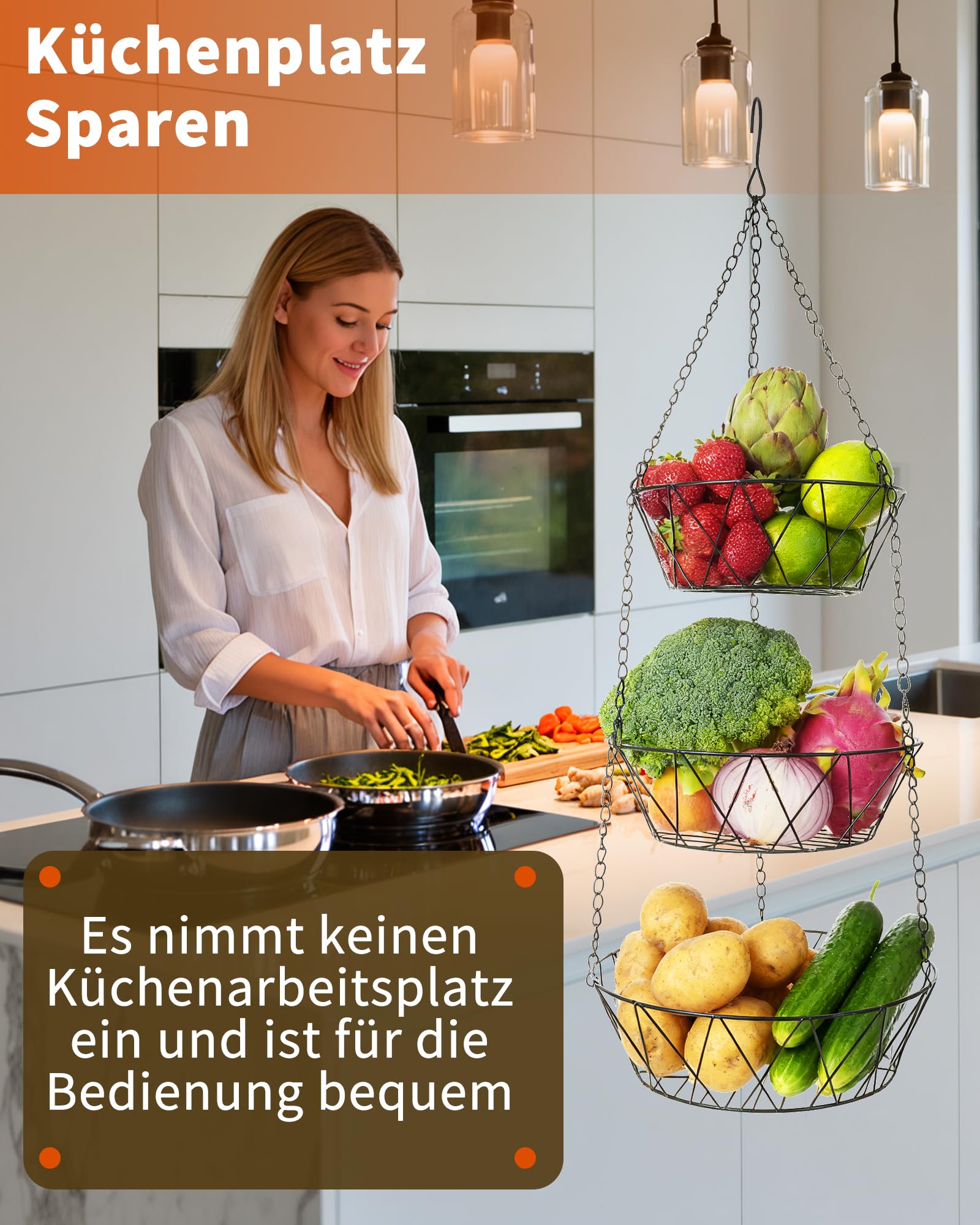 Home Bay Fruit Hub Hängender Obstkorb für die Küche, 3-stöckige abnehmbare Draht-Etagere, Obst- und Gemüseaufbewahrung, Wandmontage, Schwarz, Rund, unabhängig nutzbar