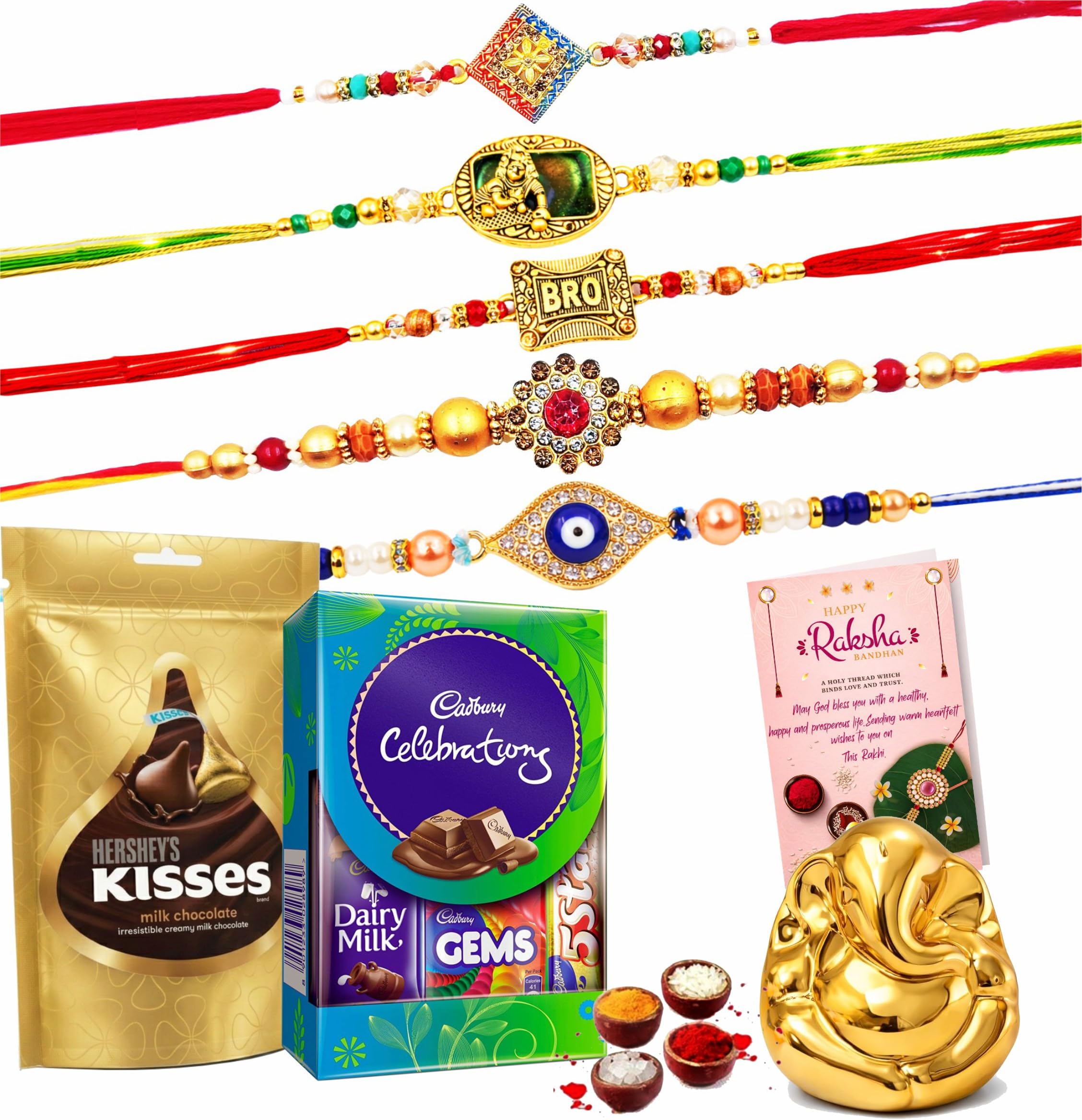 Rakhi Set of 5 with Gift for Brother-Chocolate Combo Pack of 2 with Elegant Ganesh Ji Gift Set Hamper for Brother and Bhabhi,Rakshabandhan Gift Hamper with Tikaa Set
