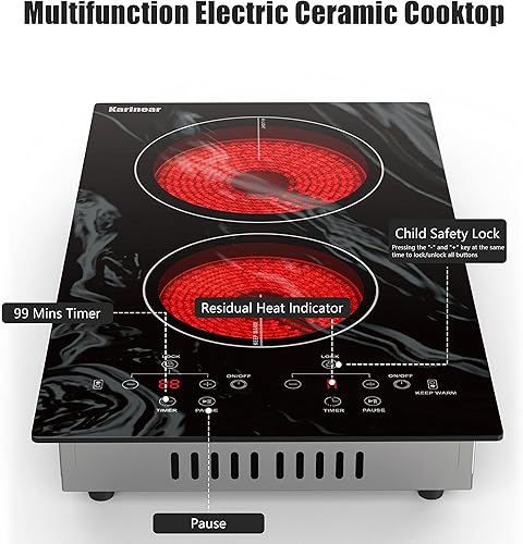 Miniatura 7 de Karinear Placa eléctrica portátil con 2 quemadores, estufa eléctrica de 110 V, uso en encimera o instalación integrada, estufa de cerámica de 12