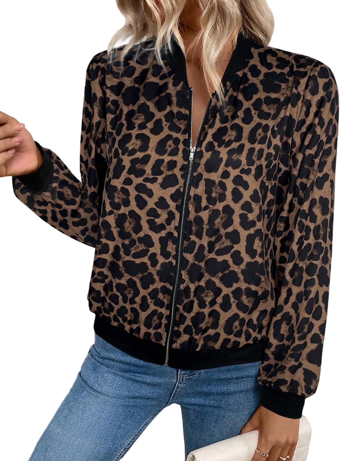 GORGLITTER Veste d'automne élégante pour femme avec motif léopard - Veste bomber légère - Col de baseball - Veste de transition - Veste de loisirs
