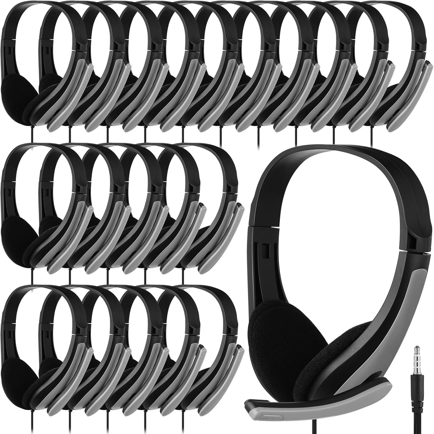 Yunsailing 20 Pack Classroom Headphones with Microphone Wired 3.5mm Universal Plug (Grey)