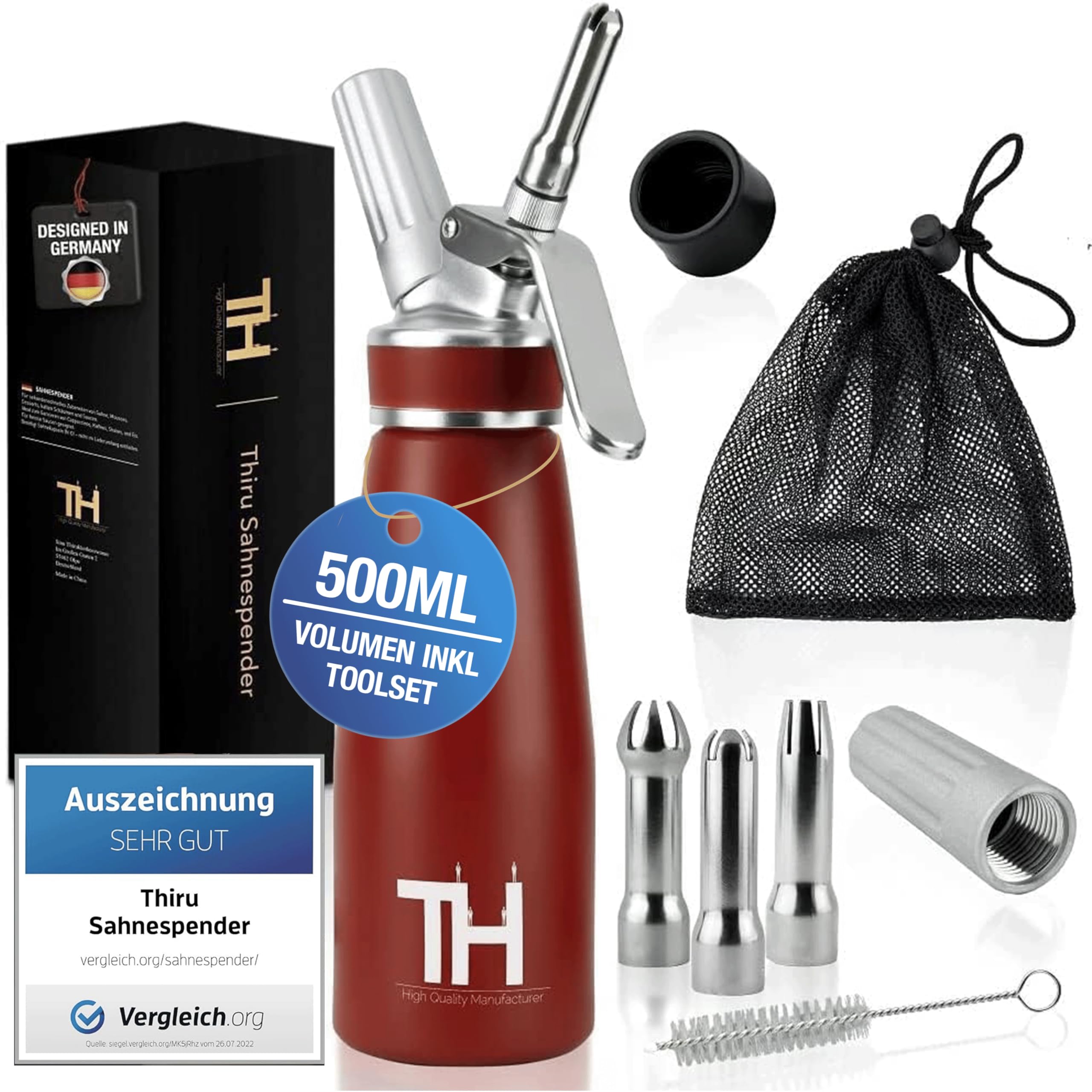 Thiru Sifón de cocina profesional - Dispensador de crema batida con boquillas de acero inoxidable - Sifón cocina con muchos extras (rojo)