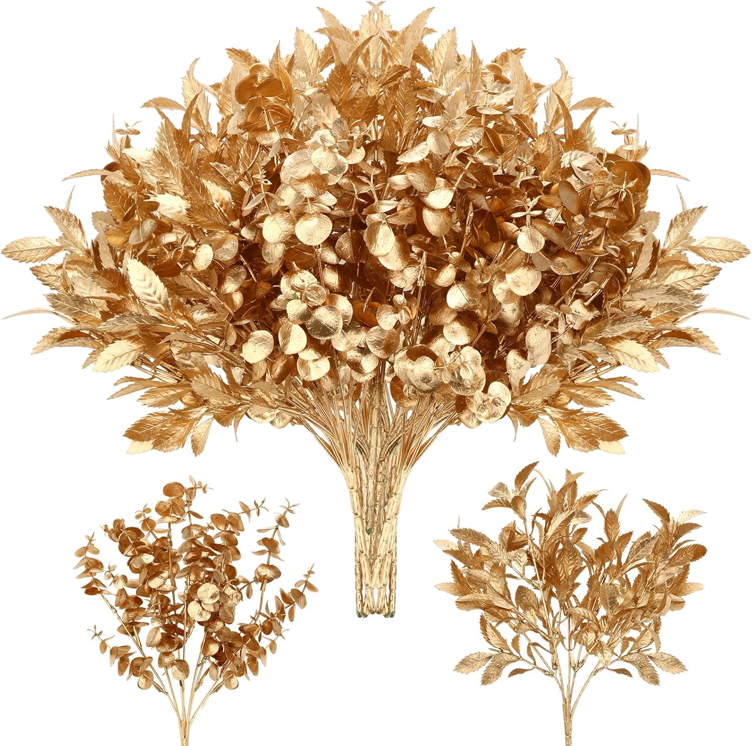 Lyrow 20 Pack Gold Artificial Plants for Christmas Decor Artificial Eucalyptus Leaves Spray Flowers Gold Eucalyptus Stems Branch for Xmas Home Hotel Vase Filler Wedding Party